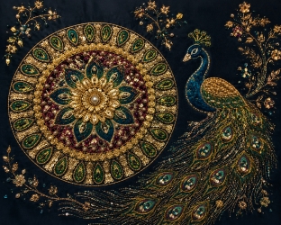 Paon Saphir – Masterclass de broderie indienne Paon Saphir inspiré de la broderie indienne, avec motifs de perles, paillettes et fil d’or